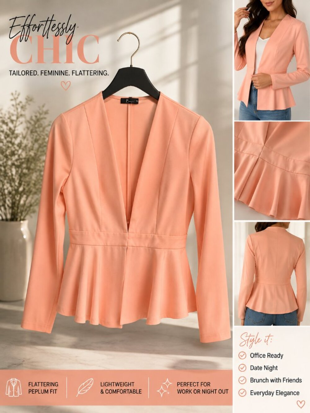 Peplum Long-Sleeve Blazer in Peach